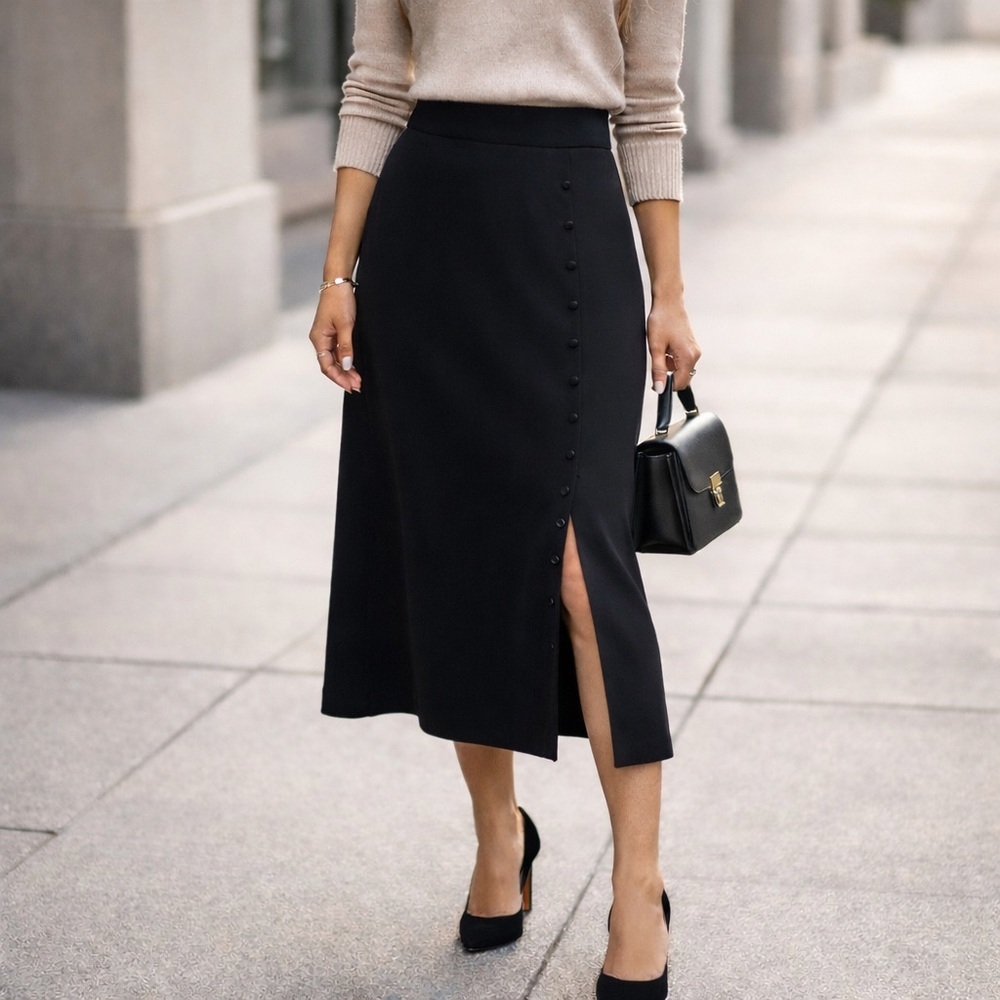 SHEIN Black A-Line Midi Skirt Size M with Side Button Detail Classic Chic Style